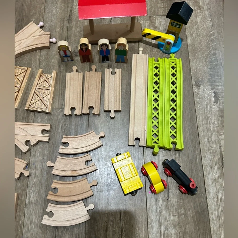 Lot of Wooden Train Tracks and Parts Assorted 35 Pieces Cars Signs Brio Thomas.